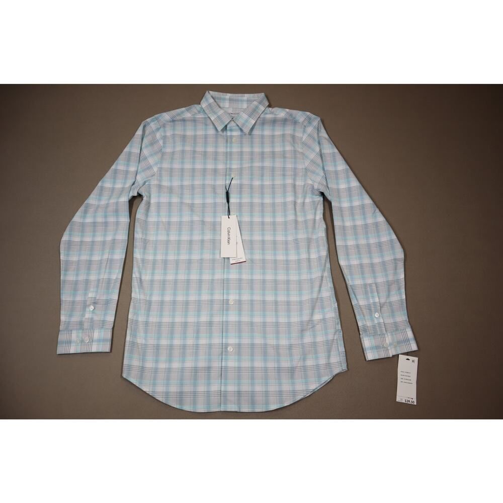 Calvin Klein Boys Blue and Grey Plaid Button Down Stretch Shirt Size 20 - Picture 2 of 6